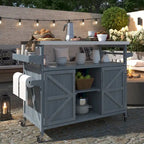 Outdoor Kitchen Island, Rolling Bar Cart & Storage Cabinet, Farmhouse Outdoor Grill Table with Stainless Steel Top & Towel Rack