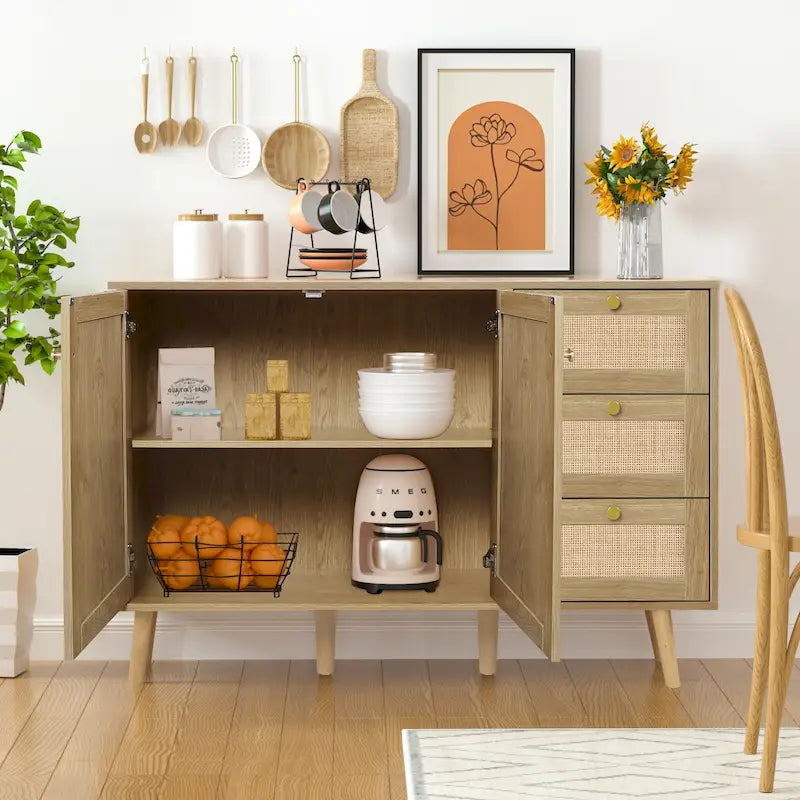 Anmytek Mid-Century Modern 2-Door Wood Rattan Buffet Sideboard Kitchen Storage Cabinet with 3 Drawers