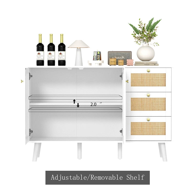 Anmytek Mid-Century Modern 2-Door Wood Rattan Buffet Sideboard Kitchen Storage Cabinet with 3 Drawers