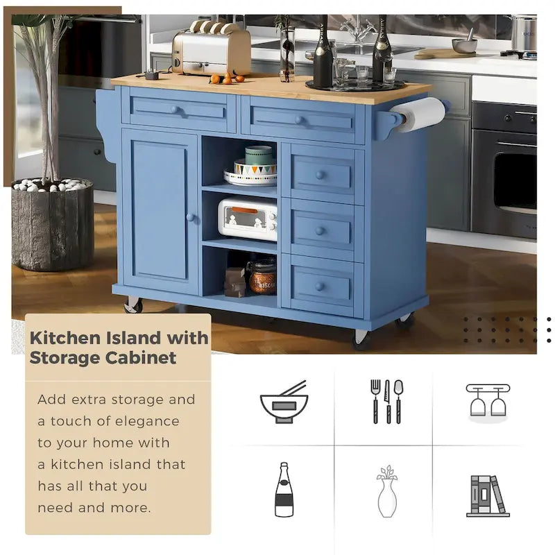Kitchen Cart with Storage and 5 Drawers,Spice Rack,Towel Holder ,Rubber Wood Desktop Rolling Mobile Kitchen Island