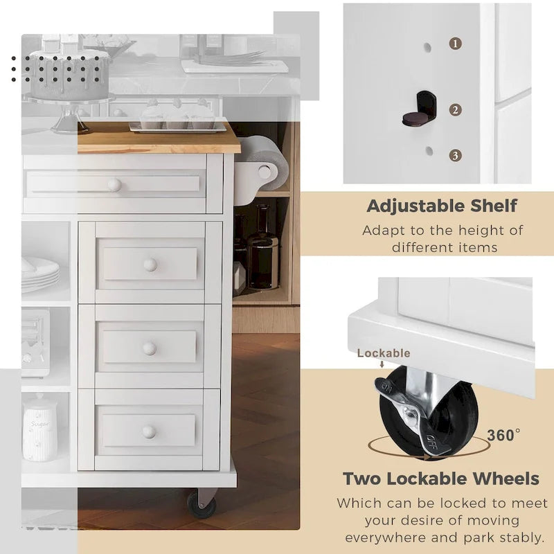 Kitchen Cart with Storage and 5 Drawers,Spice Rack,Towel Holder ,Rubber Wood Desktop Rolling Mobile Kitchen Island
