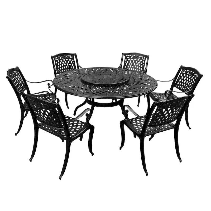 Outdoor Lattice 59-in. Round Dining Set with Lazy Susan and Six Chairs