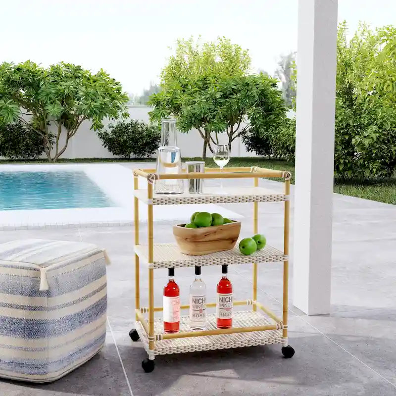 Tobias Outdoor Rattan and Metal 3- Tier Rattan Bar Cart