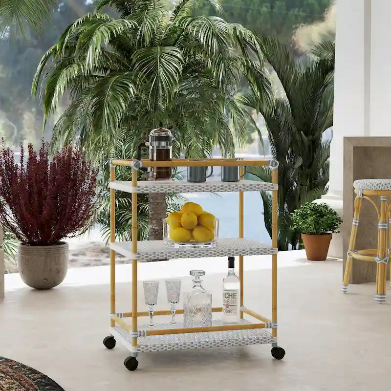 Tobias Outdoor Rattan and Metal 3- Tier Rattan Bar Cart