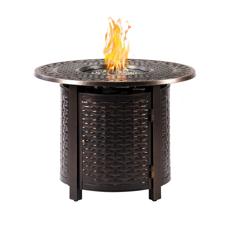 Outdoor Aluminum 34 in. Round Fire Table Set with Four Deep Seating Swivel Rocking Chairs & Accessories