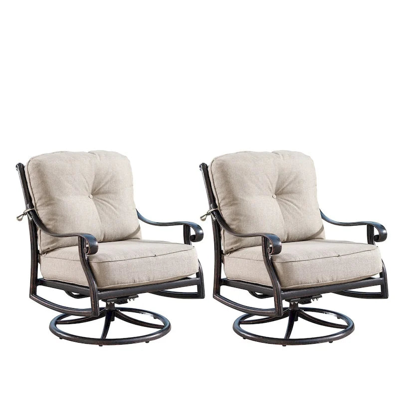 Outdoor Aluminum 34 in. Round Fire Table Set with Four Deep Seating Swivel Rocking Chairs & Accessories