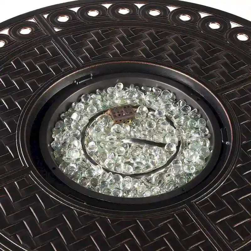 Outdoor Aluminum 34 in. Round Fire Table Set with Four Deep Seating Swivel Rocking Chairs & Accessories