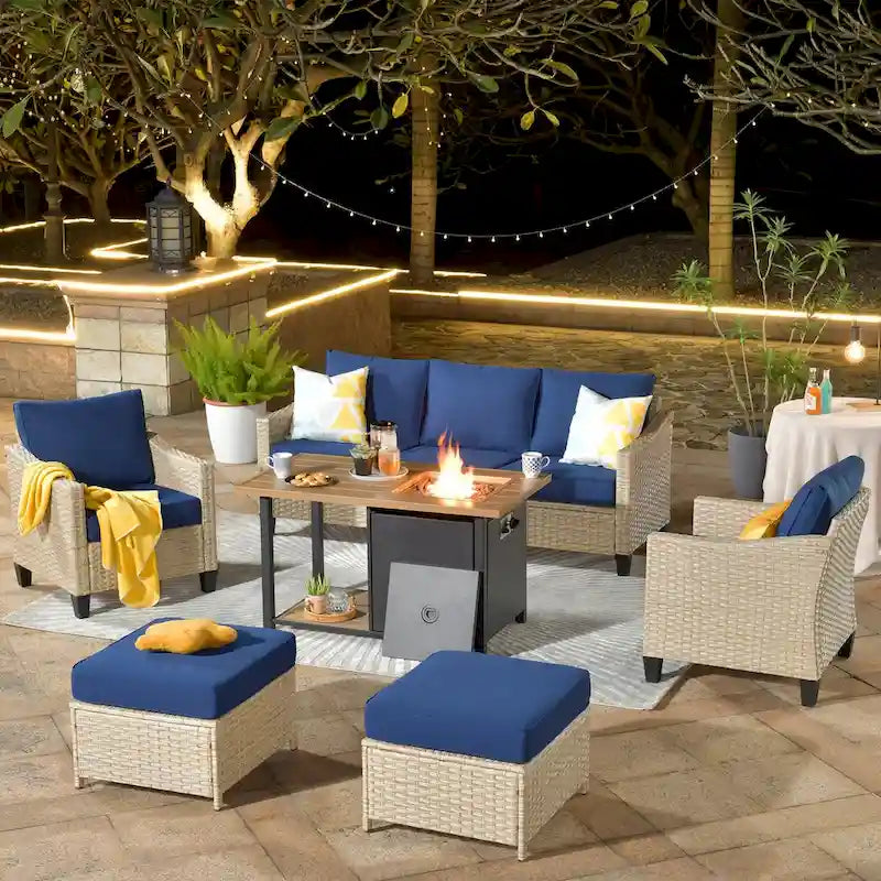 HOOOWOOO Outdoor 6-piece PE Wicker Conversation Patio Set with Fire Pit Table