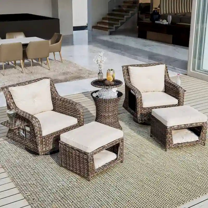 5-Piece Wicker Outdoor Rocking Chair Set with Cool Bar Table and Pet House