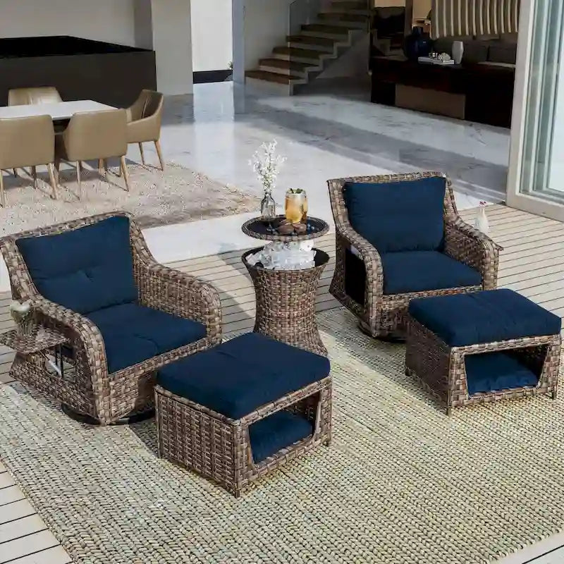 5-Piece Wicker Outdoor Rocking Chair Set with Cool Bar Table and Pet House