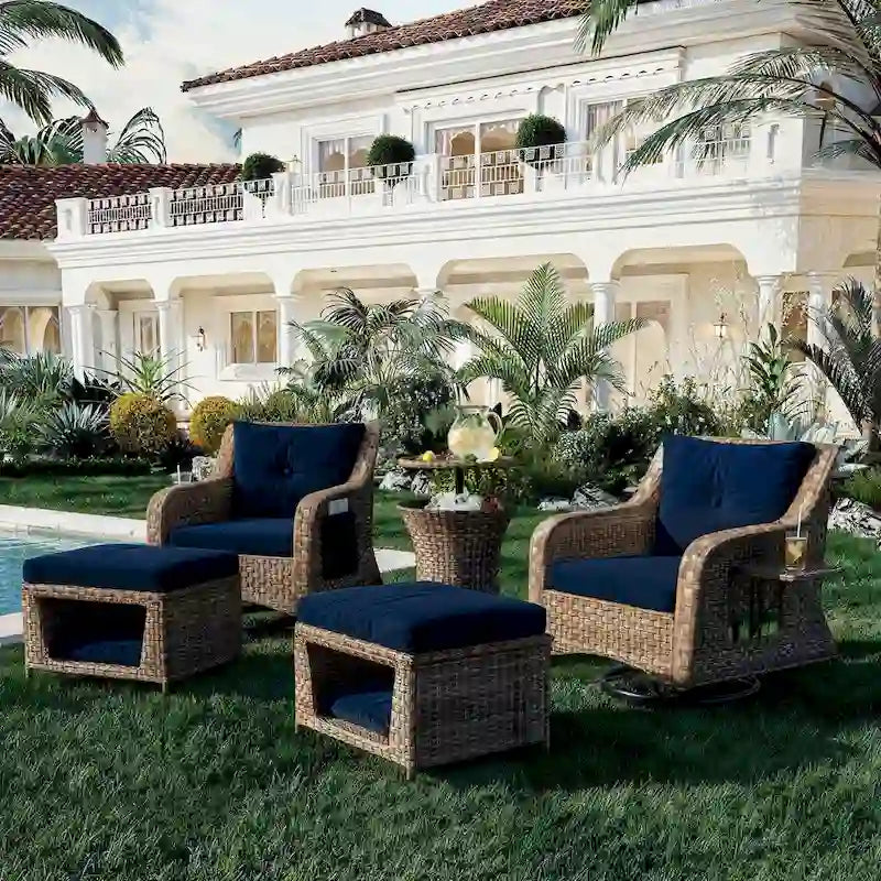 5-Piece Wicker Outdoor Rocking Chair Set with Cool Bar Table and Pet House