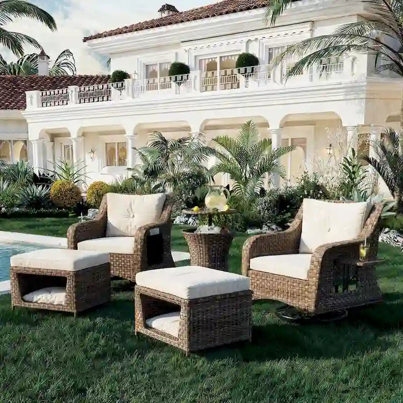 5-Piece Wicker Outdoor Rocking Chair Set with Cool Bar Table and Pet House