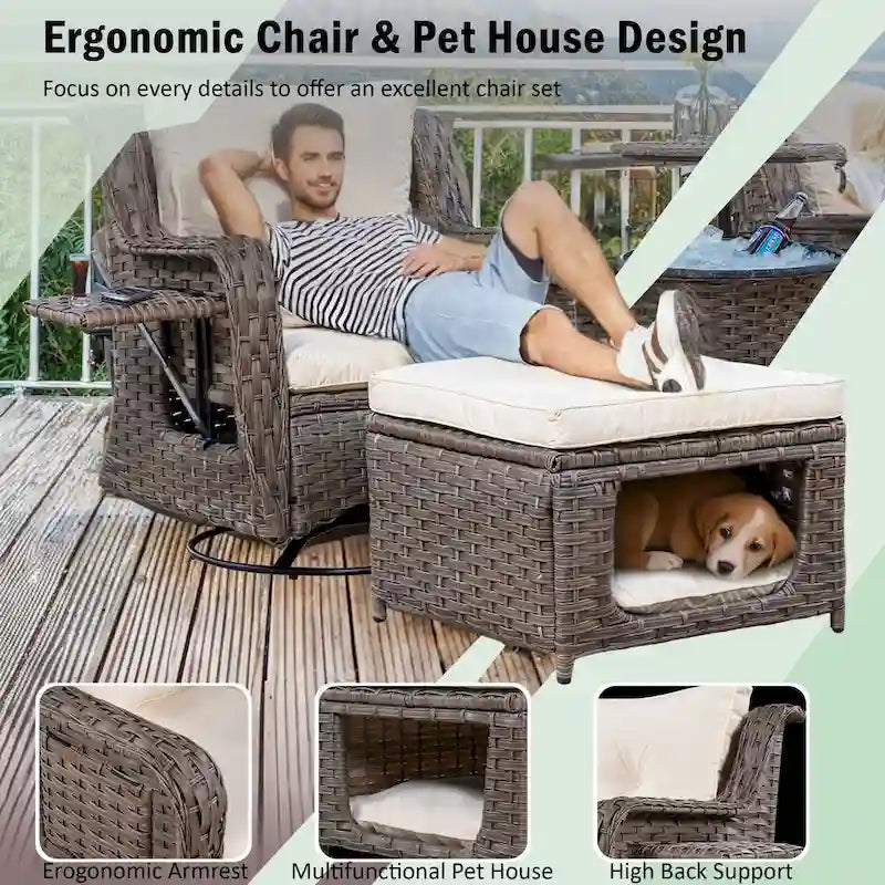 5-Piece Wicker Outdoor Rocking Chair Set with Cool Bar Table and Pet House