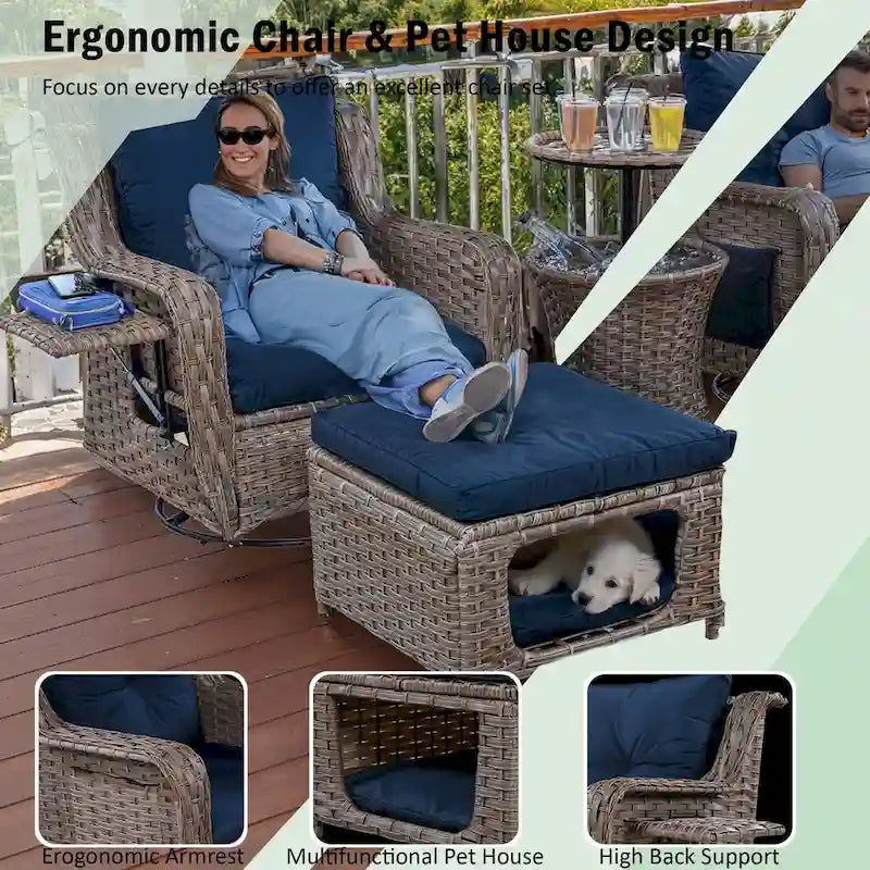 5-Piece Wicker Outdoor Rocking Chair Set with Cool Bar Table and Pet House