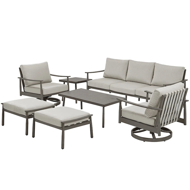 7-Piece Aluminum Patio Conversation Set, 3-Seat Outdoor Couch with Ottomans , 2 Swivel Chairsand Coffee Table