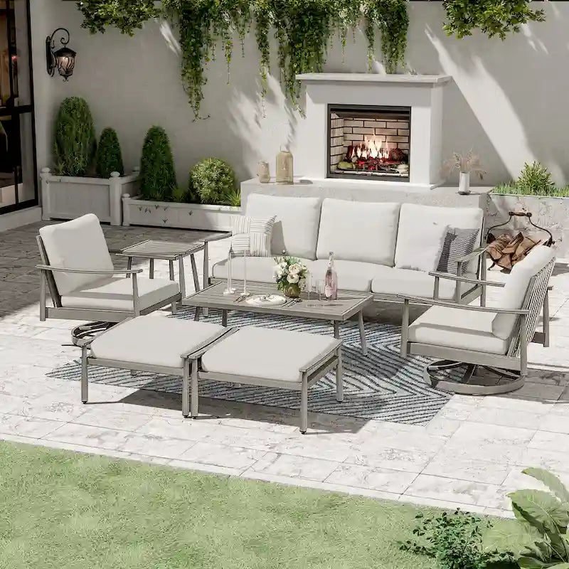 7-Piece Aluminum Patio Conversation Set, 3-Seat Outdoor Couch with Ottomans , 2 Swivel Chairsand Coffee Table