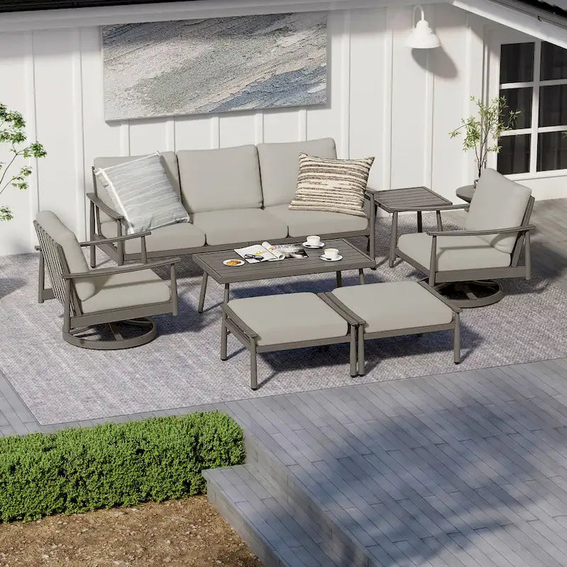 7-Piece Aluminum Patio Conversation Set, 3-Seat Outdoor Couch with Ottomans , 2 Swivel Chairsand Coffee Table