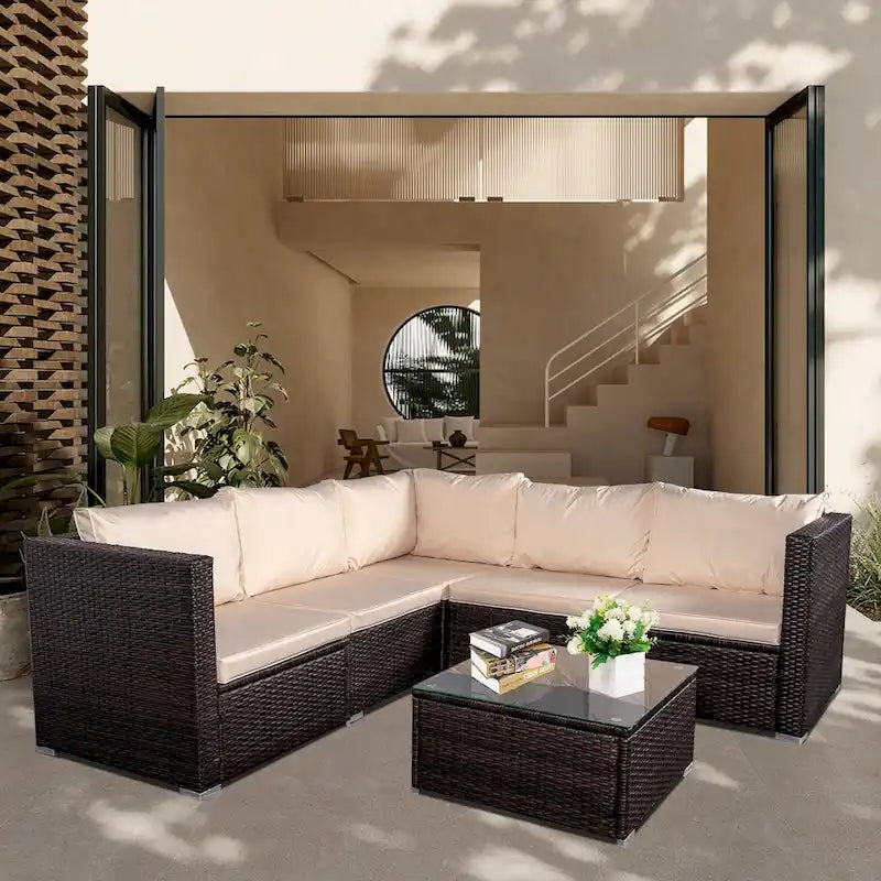 6-Piece Outdoor Rattan Patio Conversation Furniture Set for Backyard, Poolside