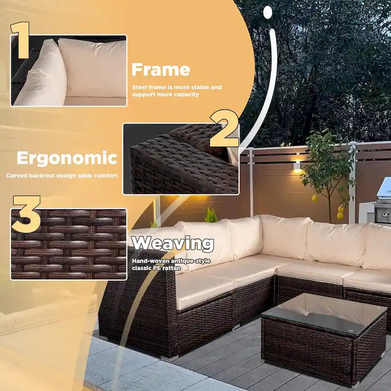 6-Piece Outdoor Rattan Patio Conversation Furniture Set for Backyard, Poolside