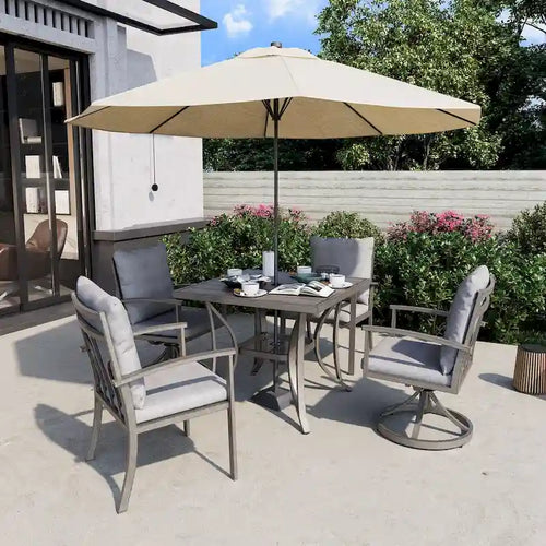 Set da pranzo da patio in alluminio da 5 pezzi con 2 sedie girevoli da pranzo, 2 sedie da pranzo e cuscini lavabili