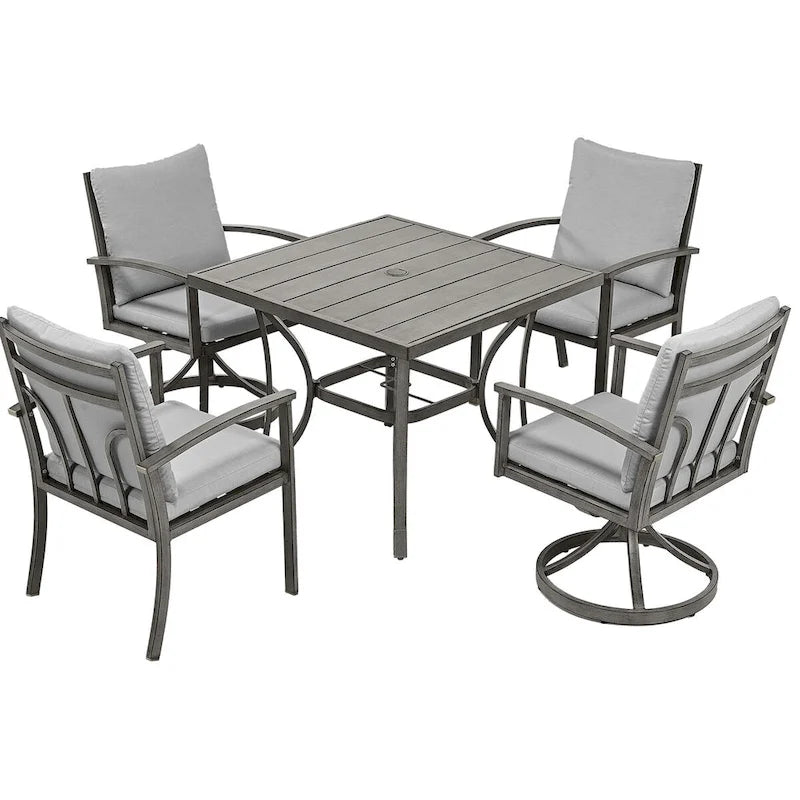 5-Piece Aluminum Patio Dining Set with 2 Swivel Dining Chairs and 2 Dining Chairs and Washable Cushions