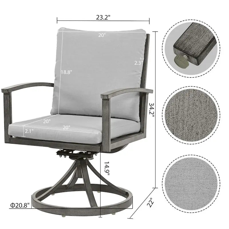5-Piece Aluminum Patio Dining Set with 2 Swivel Dining Chairs and 2 Dining Chairs and Washable Cushions
