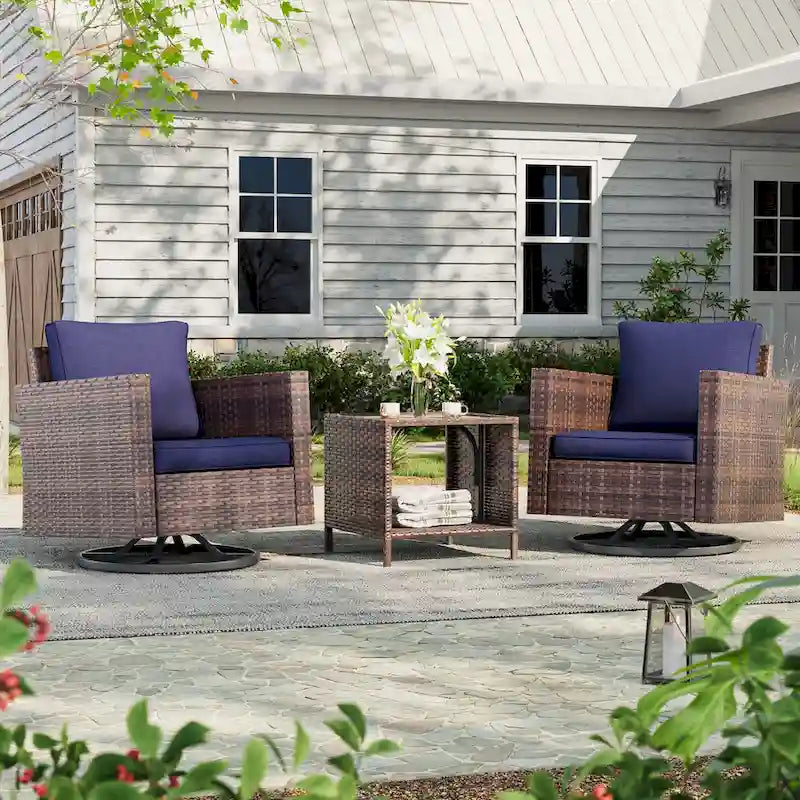 LIVOOSUN 3-Piece Patio Sofa Set Brown Rattan Swivel Rocking Chair Side Table