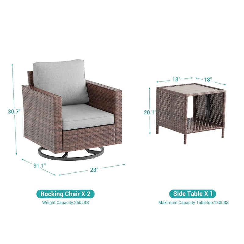 LIVOOSUN 3-Piece Patio Sofa Set Brown Rattan Swivel Rocking Chair Side Table
