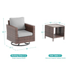 LIVOOSUN 3-Piece Patio Sofa Set Brown Rattan Swivel Rocking Chair Side Table