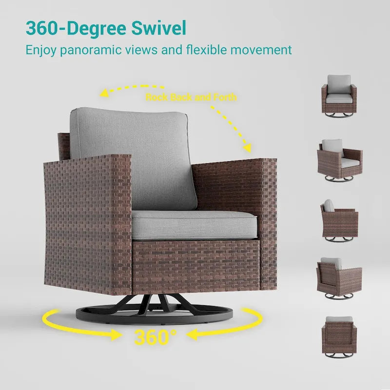 LIVOOSUN 3-Piece Patio Sofa Set Brown Rattan Swivel Rocking Chair Side Table