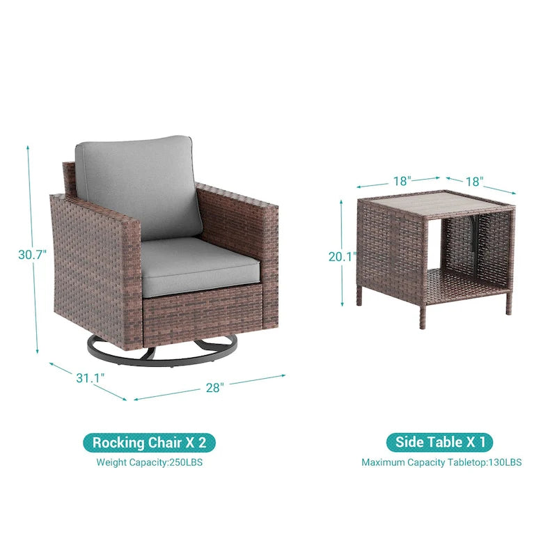 LIVOOSUN 3-Piece Patio Sofa Set Brown Rattan Swivel Rocking Chair Side Table