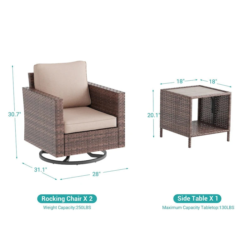 LIVOOSUN 3-Piece Patio Sofa Set Brown Rattan Swivel Rocking Chair Side Table