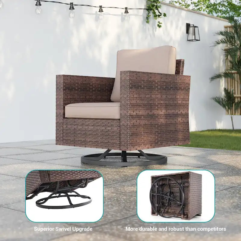 LIVOOSUN 3-Piece Patio Sofa Set Brown Rattan Swivel Rocking Chair Side Table