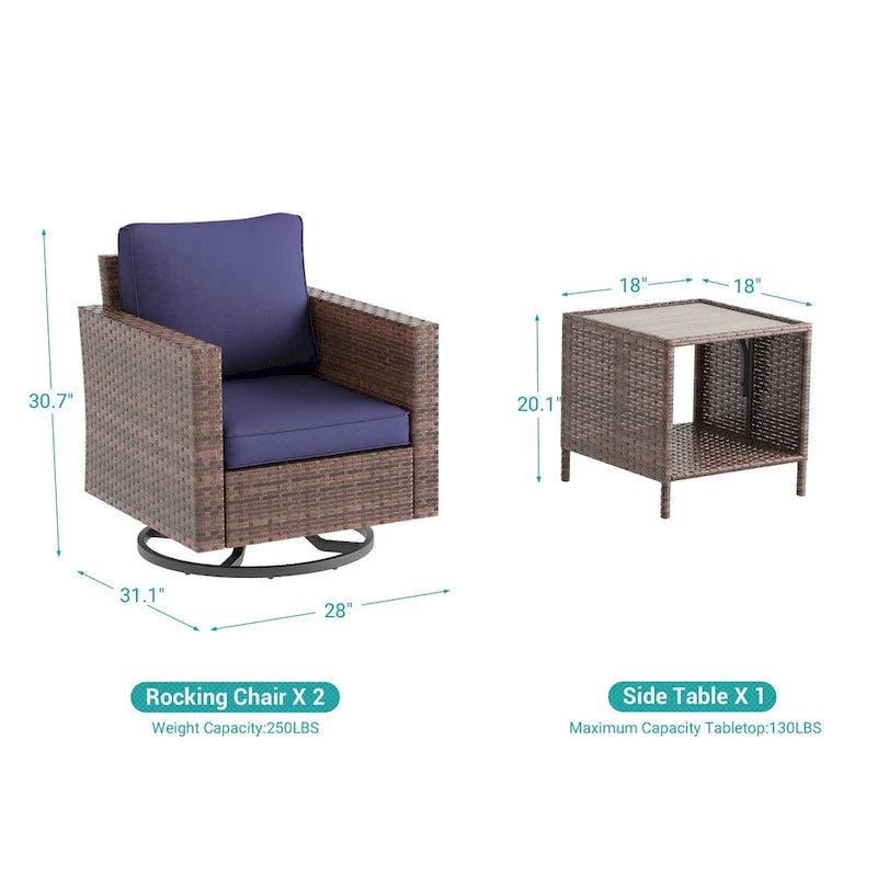LIVOOSUN 3-Piece Patio Sofa Set Brown Rattan Swivel Rocking Chair Side Table