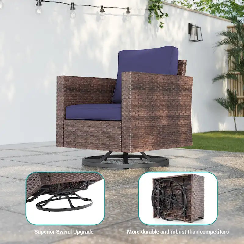 LIVOOSUN 3-Piece Patio Sofa Set Brown Rattan Swivel Rocking Chair Side Table