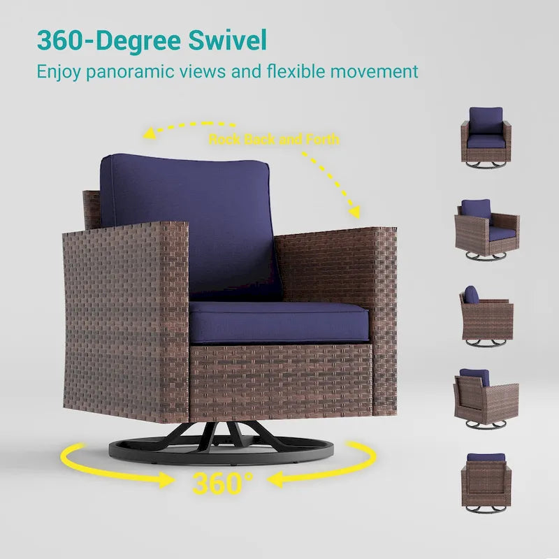 LIVOOSUN 3-Piece Patio Sofa Set Brown Rattan Swivel Rocking Chair Side Table