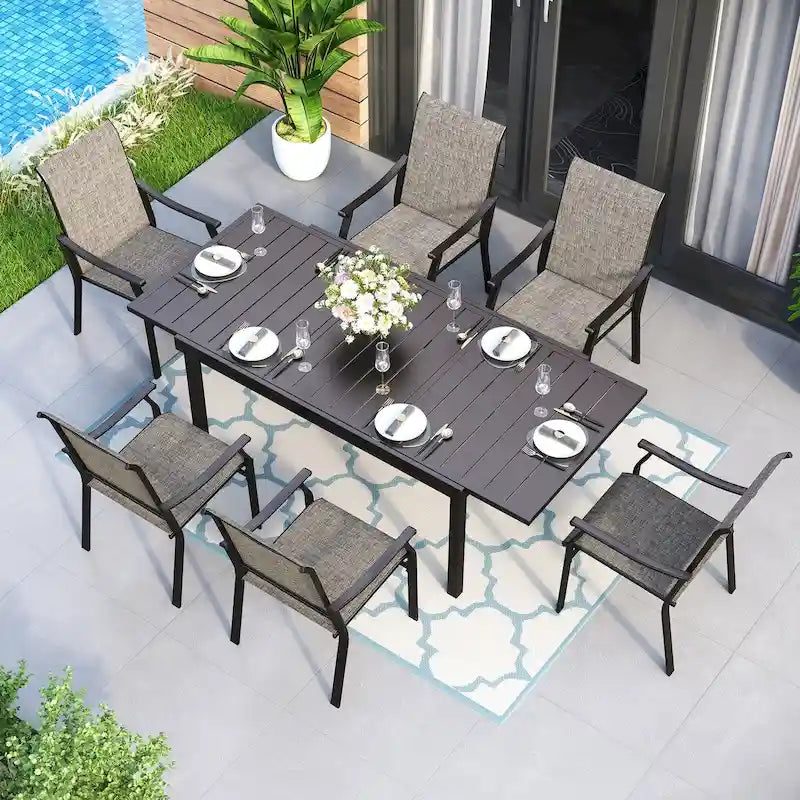 MAISON ARTS Set da Pranzo da Esterno 7/9 Pezzi con Tavolo Espandibile in Metallo e Poltrone Imbottite in Tessuto Textilene