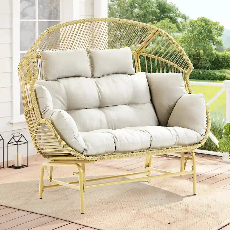 Outdoor Oversized Wicker Double Egg Chair w/ 7 Cushions - Yellow