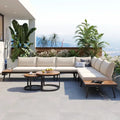 Beige 6-piece Acacia Wood Outdoor Sectional Sofa Set with Round Nesting Coffee Tables and Side Storage Shelf, Cushioned Seating