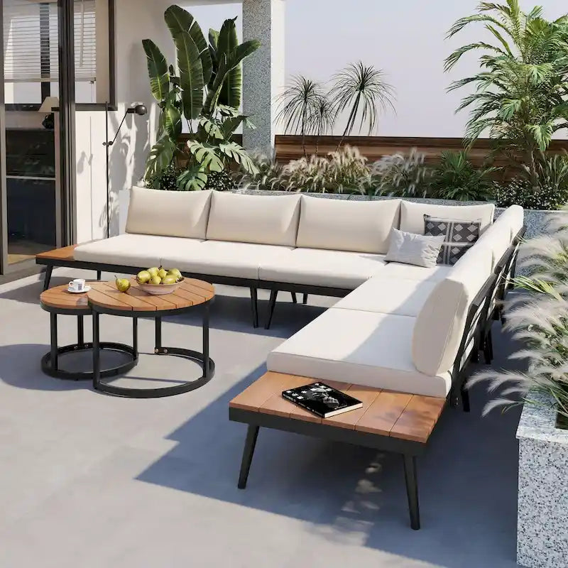 Beige 6-piece Acacia Wood Outdoor Sectional Sofa Set with Round Nesting Coffee Tables and Side Storage Shelf, Cushioned Seating