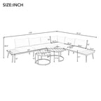 Beige 6-piece Acacia Wood Outdoor Sectional Sofa Set with Round Nesting Coffee Tables and Side Storage Shelf, Cushioned Seating