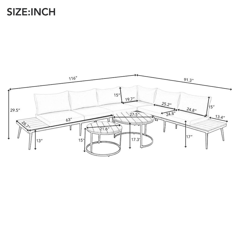 Beige 6-piece Acacia Wood Outdoor Sectional Sofa Set with Round Nesting Coffee Tables and Side Storage Shelf, Cushioned Seating
