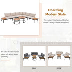 Beige 6-piece Acacia Wood Outdoor Sectional Sofa Set with Round Nesting Coffee Tables and Side Storage Shelf, Cushioned Seating