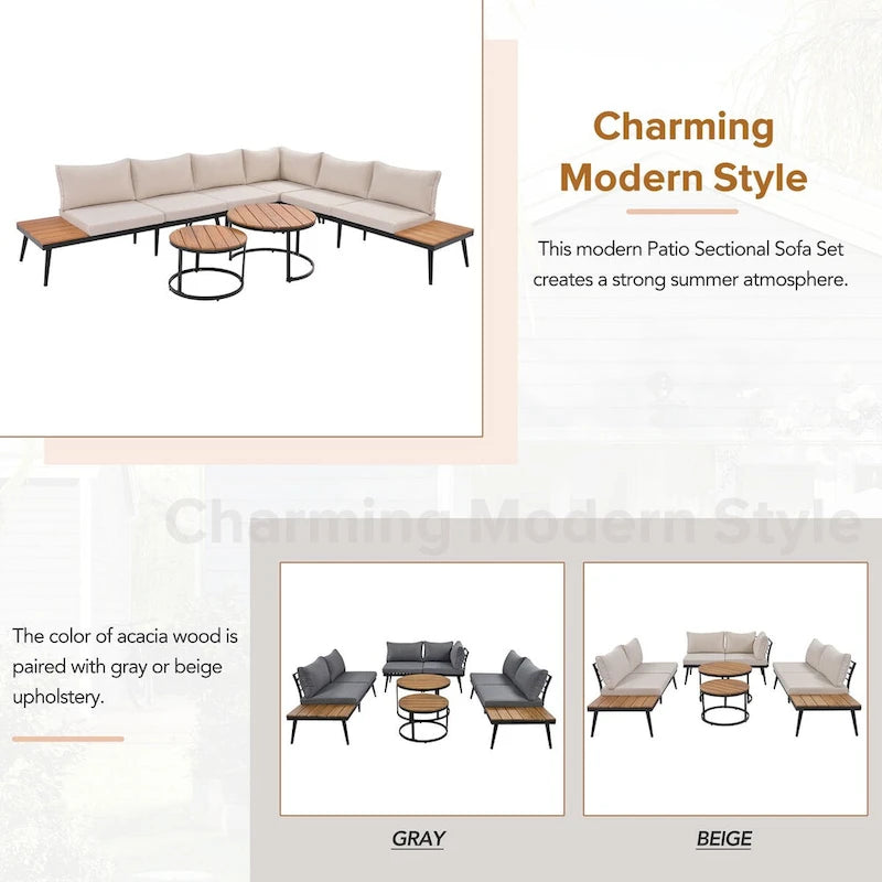 Beige 6-piece Acacia Wood Outdoor Sectional Sofa Set with Round Nesting Coffee Tables and Side Storage Shelf, Cushioned Seating