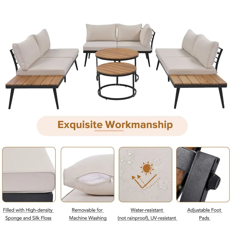 Beige 6-piece Acacia Wood Outdoor Sectional Sofa Set with Round Nesting Coffee Tables and Side Storage Shelf, Cushioned Seating