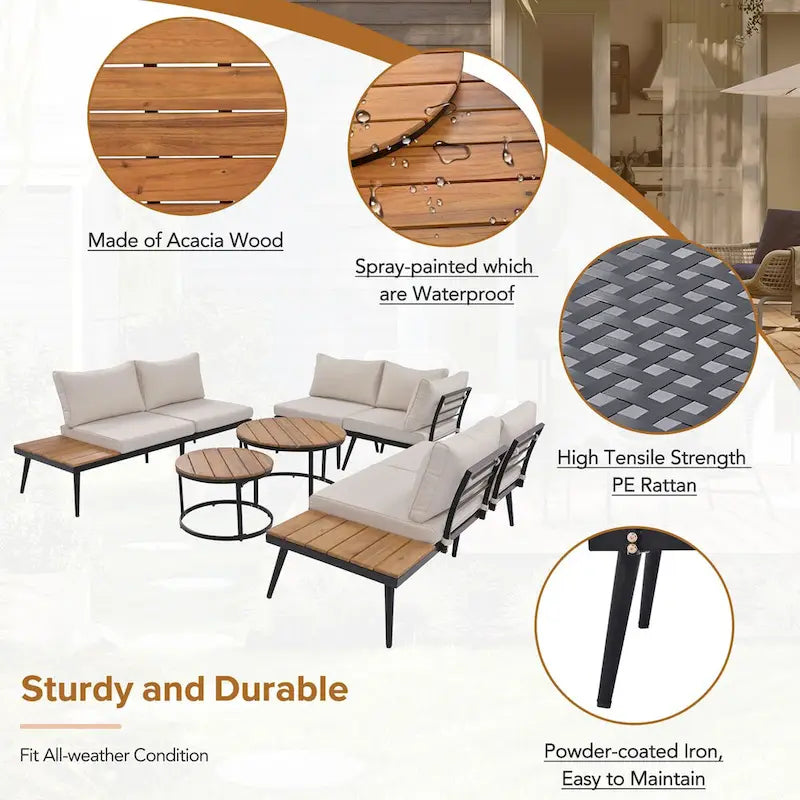 Beige 6-piece Acacia Wood Outdoor Sectional Sofa Set with Round Nesting Coffee Tables and Side Storage Shelf, Cushioned Seating