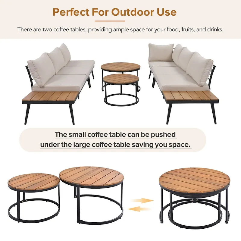 Beige 6-piece Acacia Wood Outdoor Sectional Sofa Set with Round Nesting Coffee Tables and Side Storage Shelf, Cushioned Seating