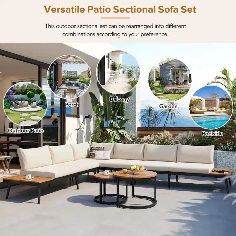 Beige 6-piece Acacia Wood Outdoor Sectional Sofa Set with Round Nesting Coffee Tables and Side Storage Shelf, Cushioned Seating