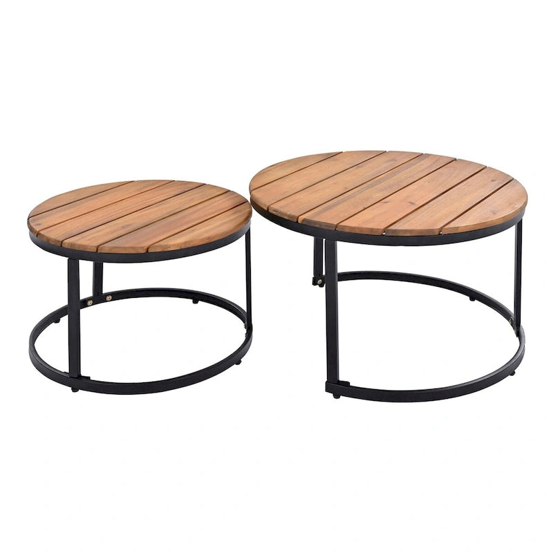 Beige 6-piece Acacia Wood Outdoor Sectional Sofa Set with Round Nesting Coffee Tables and Side Storage Shelf, Cushioned Seating