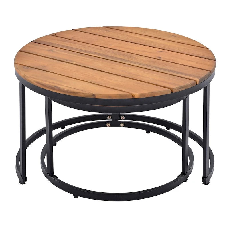 Beige 6-piece Acacia Wood Outdoor Sectional Sofa Set with Round Nesting Coffee Tables and Side Storage Shelf, Cushioned Seating